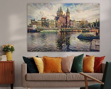 Klassiek schilderij Amsterdam: Centraal station Amsterdam in impressionistische stijl van Slimme Kunst.nl