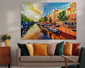 Farbenfrohe Malerei Amsterdam: Grachten von Amsterdam von Slimme Kunst.nl