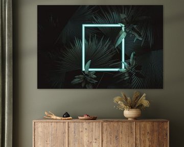 Square frame in neon light surrounded by tropical plants by Besa Art