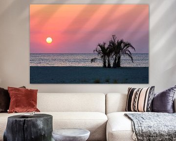 Palmen am Strand des Mittelmeers im Sonnenuntergang