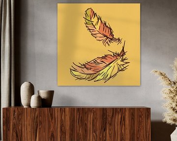 Two summer coloured feathers on yellow background by Emiel de Lange