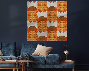 Retro 70s vintage inspired art with stylized flowers and leaves in beige, brown and orange by Dina Dankers