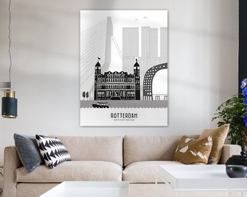 Skyline illustratie stad Rotterdam zwart-wit-grijs van Mevrouw Emmer