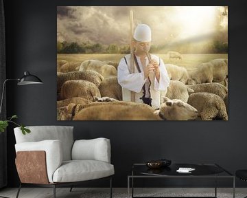 Herder in klederdracht omringd door een kudde schapen van Besa Art