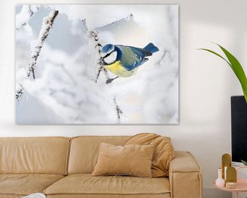 Blue Tit (Cyanistes caeruleus) in winter wonderland by Beschermingswerk voor aan uw muur