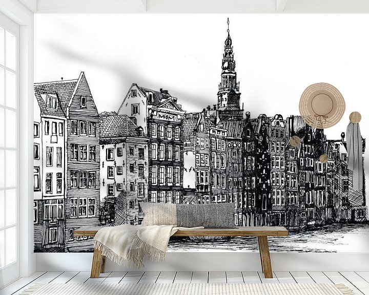 Sfeerimpressie behang: Damrak Tekening Amsterdam City Pentekening Lijntekening van Hendrik-Jan Kornelis