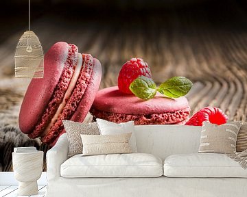 SF 11971141 Raspberry macaroons on a wooden table