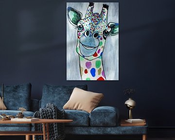 Aquarelle abstraite de la girafe en bleu vert rouge sur Art By Dominic