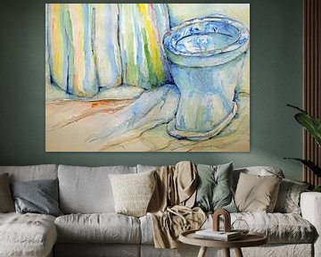 De nostalgische  blauwe toiletpot. Handgeschilderde aquarel. van Ineke de Rijk