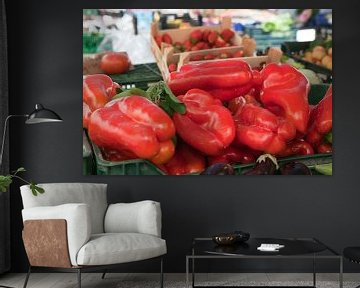 Red peppers at a market in Mallorca by t.ART