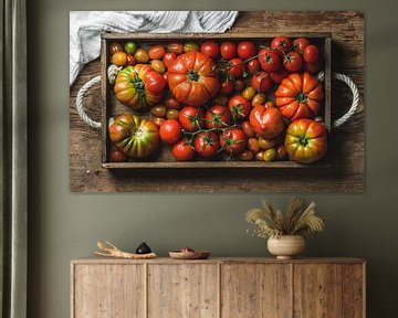 SF 11996298 Bunte Tomaten in rustikalem Holzbehälter von BeeldigBeeld Food & Lifestyle