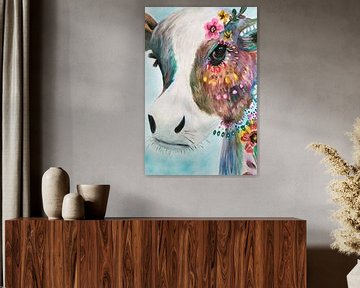 Kuh mit Blumen Abstraktes Aquarell von Art By Dominic