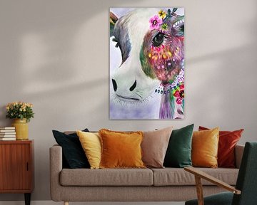 Koe met Bloemen Abstract Waterverf van Art By Dominic