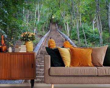 Buddhist monks climbing and stairs in Battambang, Cambodia by Teun Janssen