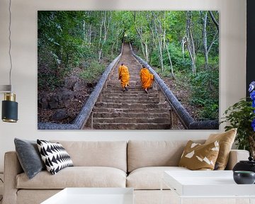Buddhist monks climbing and stairs in Battambang, Cambodia by Teun Janssen