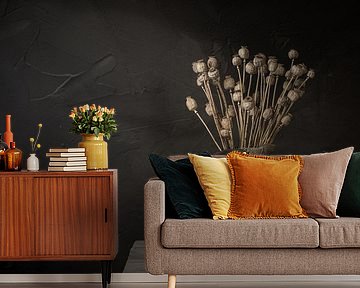 Still life with bouquet of dried poppy bulbs in stone pitcher (horizontal) by Mayra Fotografie