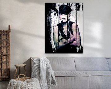 Madonna Portret met Sigaret en Leren Pet op Hout Effect van Art By Dominic