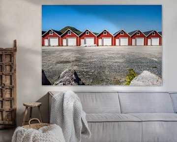 Norwegische Fischerhütten in einer Reihe auf den Lofoten, Fotodruck