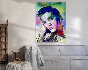 Elvis Presley Abstrakte Strichzeichnung Portrait in Rosa Blau Grün von Art By Dominic