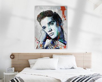 Elvis Presley Abstract Lijntekening Portret in Blauw Oranje van Art By Dominic