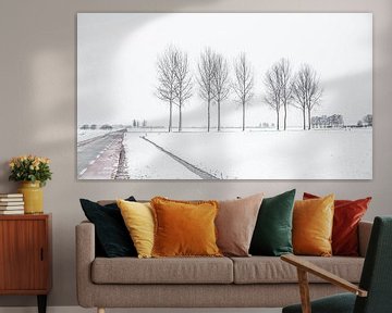 Niederländische verschneite Landschaft mit Straße und Bäumen