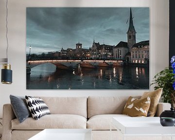 Zurich Old Town with view of the Limmat River and the Fraumünster Church by Besa Art