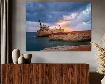 Sunset and shipwreck in Cyprus by Teun Janssen