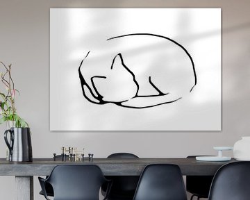 Chat endormi - dessin au trait simple en noir et blanc sur Qeimoy