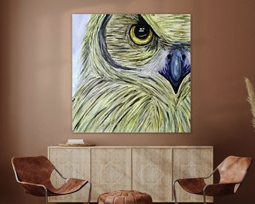 Peinture à l'aquarelle d'un hibou en jaune, bleu sur Art By Dominic