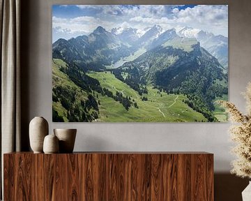 Panoramazicht op het Alpsteinmassief met het Sämtisermeer in het midden van Besa Art