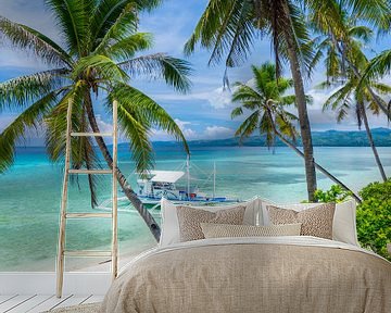 Palmbomen, turquoise zee en strand in Siquijor, de Filipijnen van Teun Janssen