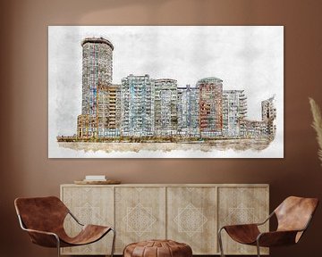 Sardijntoren en appartementen op de Boulevard Bankert in Vlissingen (aquarel) van Art by Jeronimo