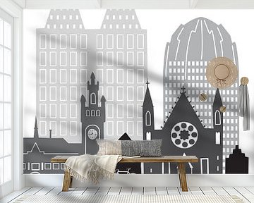 Skyline illustratie stad Den Haag zwart-wit-grijs van Mevrouw Emmer