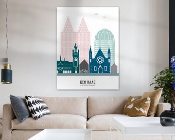 Skyline illustration city of The Hague in colour by Mevrouw Emmer
