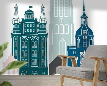 Skyline illustratie stad Dordrecht in kleur van Mevrouw Emmer