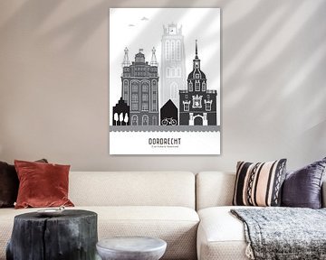 Skyline illustratie stad Dordrecht zwart-wit-grijs van Mevrouw Emmer