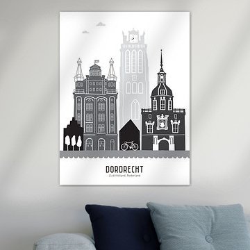 Skyline illustration city Dordrecht black-and-white-grey by Mevrouw Emmer