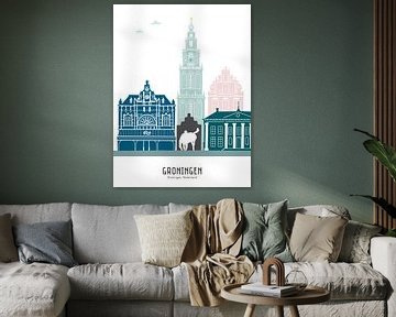 Illustration de la ville de Groningue en couleur sur Mevrouw Emmer