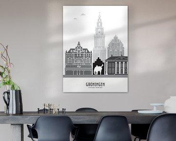 Skyline illustration city of Groningen black-and-white-grey by Mevrouw Emmer