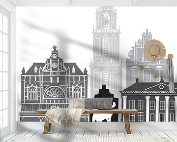 Skyline illustratie stad Groningen zwart-wit-grijs van Mevrouw Emmer