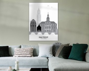 Skyline illustratie stad Maastricht zwart-wit-grijs van Mevrouw Emmer