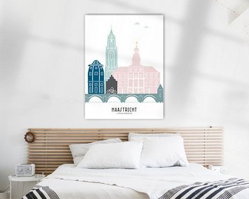 Skyline illustration city of Maastricht in colour by Mevrouw Emmer