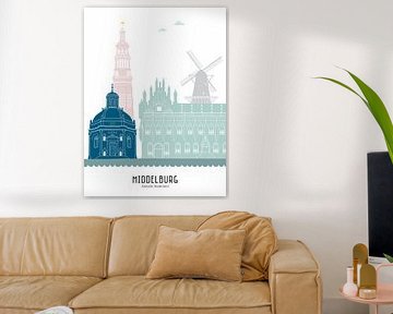 Skyline illustration city of Middelburg in colour by Mevrouw Emmer
