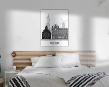 Skyline illustratie stad Middelburg zwart-wit-grijs van Mevrouw Emmer