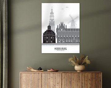 Skyline illustration city of Middelburg black-and-white-grey by Mevrouw Emmer
