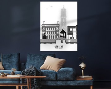 Skyline illustration city of Utrecht black-and-white-grey by Mevrouw Emmer