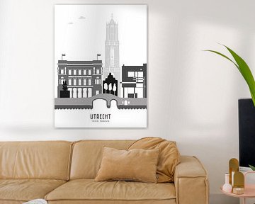 Skyline illustratie stad Utrecht zwart-wit-grijs van Mevrouw Emmer