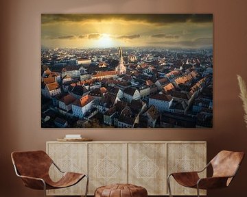 Stad van Straubing luchtfoto met ochtendzon van Thilo Wagner
