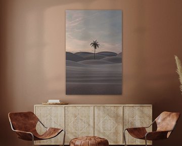 Sand dunes of the desert with a single palm tree in the middle by Besa Art