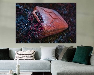 Rusty jerry can fused with red flowers in Greenland by Martijn Smeets